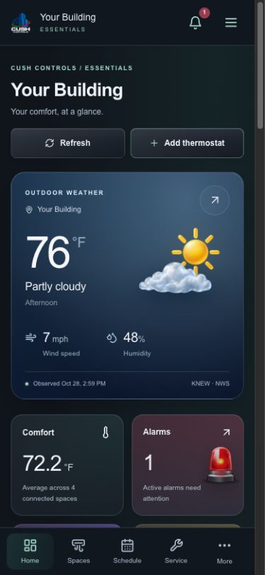 Cush Controls Essentials dashboard on a phone